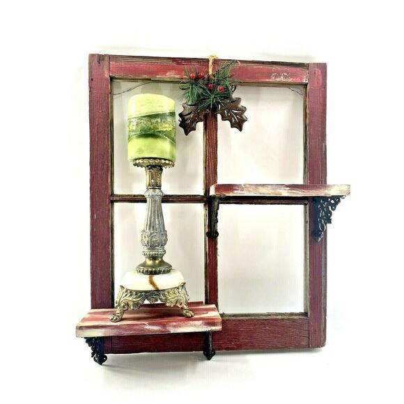 Unbranded Other - Vintage Red Barn Wood 4 Pane Window Wall Shelf Christmas Hollyberry Shadow Box